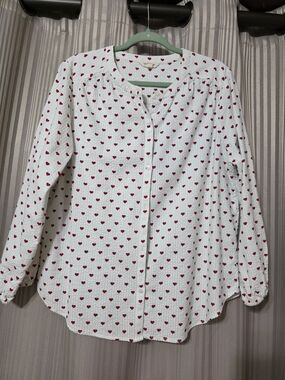 Lucky Brand White Blouse with Red Heart Print. NWOT